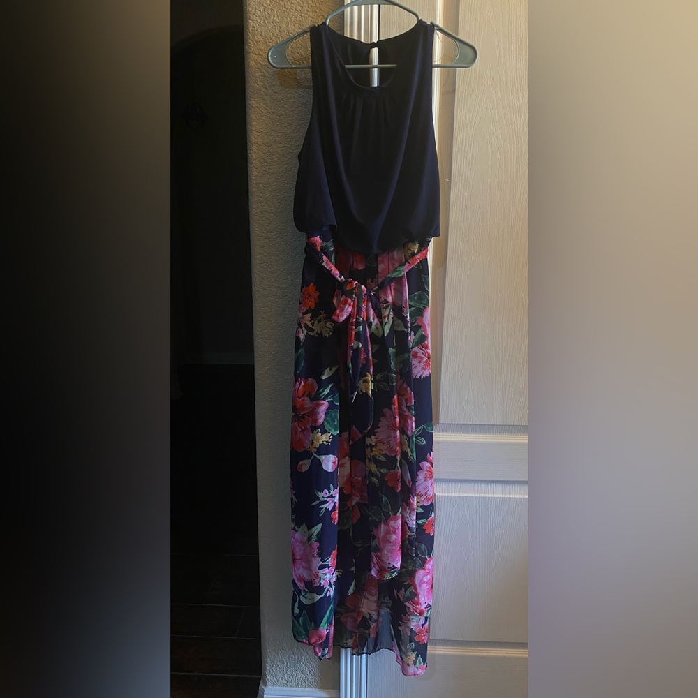 Shelby & Palmer- Navy Blue and Floral Print Front Tie Dress